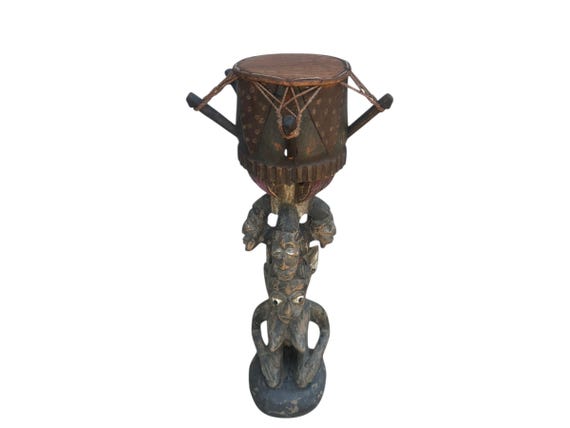 Vintage Yoruba Drum - Hand-Carved African Figural Art, Nigerian