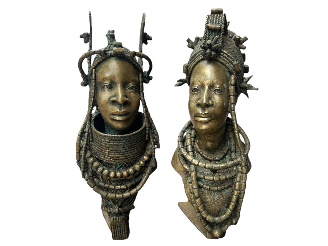 Benin Bronze Sculpture: Vintage Edo Nigeria Tribal Head Statue