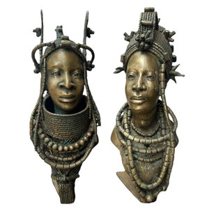 Benin Bronze Sculpture, Authentic African Art, Lost-Wax Cast Decorative Piece, Pure Metal Bust Vintage Tribal Head Statue, Edo Nigeria Art