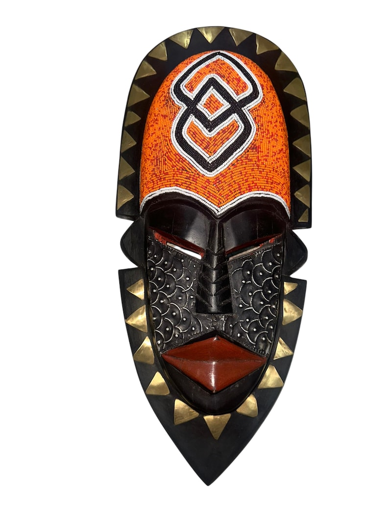 Beaded African Mask: Hand Carved Sese Wood Tribal Decor image 2