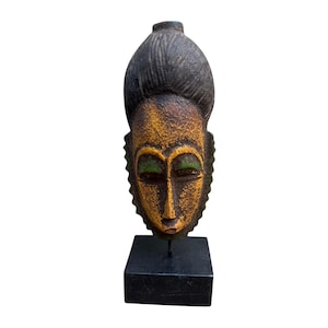 Hand Carved Baule Mask: African Tribal Art with Stand