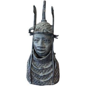 Benin Bronze Sculpture, Authentic African Art, Lost-Wax Cast Decorative Piece, Pure Metal Bust Vintage Tribal Head Statue, Edo Nigeria Art