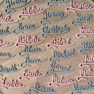Peut inclure: Une collection de cartes de placement de nom en rose et gris avec des noms écrits en cursive. Les noms incluent Adeline, Virginie, Jérémy, Serge, Julie, Bruno, Christophe, Nathalie, Astrid, Alexis, Pierre, Mickaël, Gérard, Emilie, Mélanie, Romain, Vincent, Thiery, Franç, Melis, Laetitia et Julien.