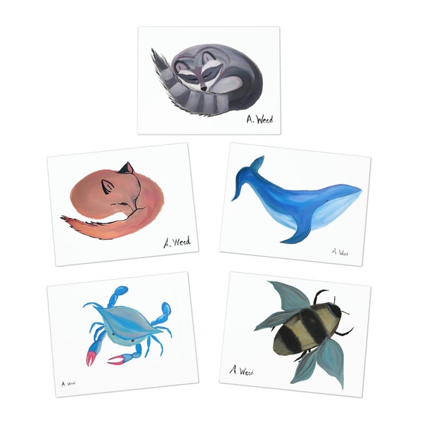 Multi-Design Greeting Cards (5-Pack) Raccoon, Fox, Whale, Crab, Bee