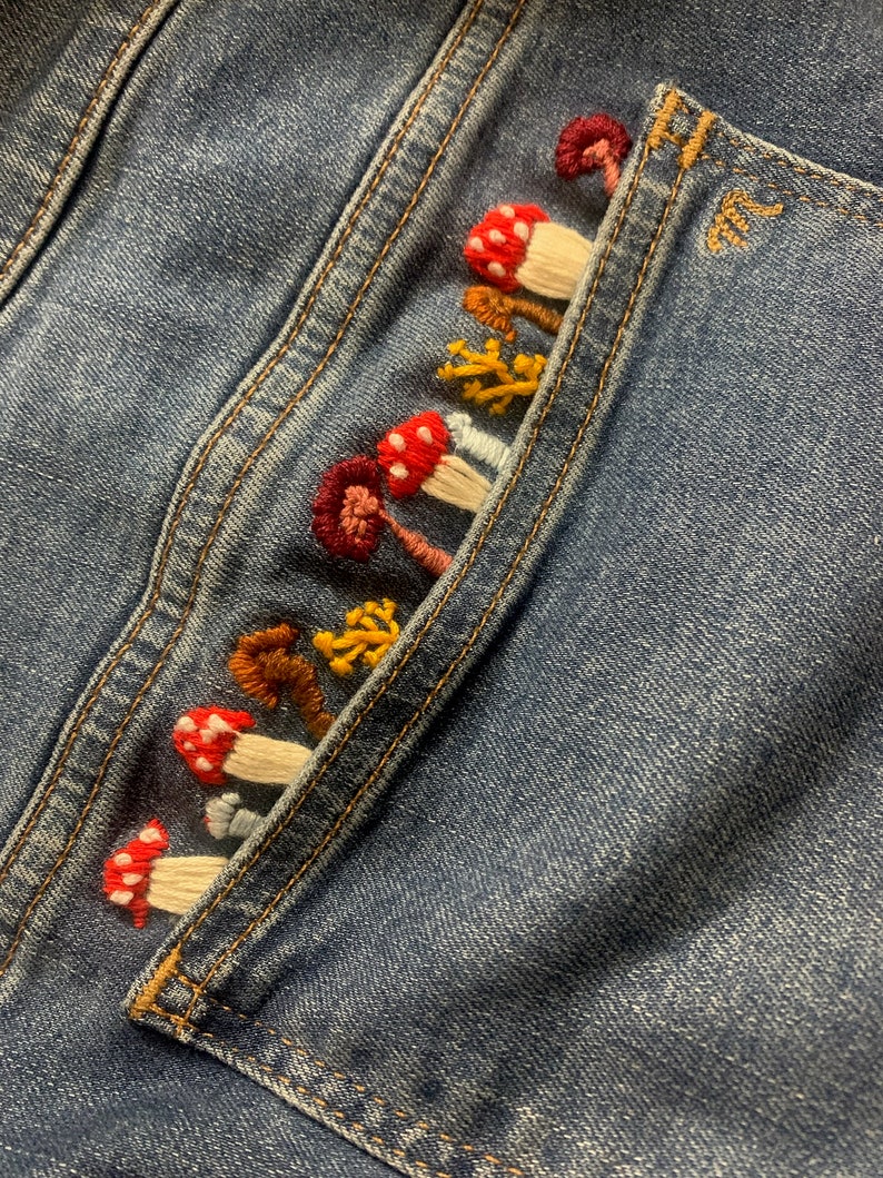 Embroidered Thrifted Jeans Mushroom Pocket Etsy
