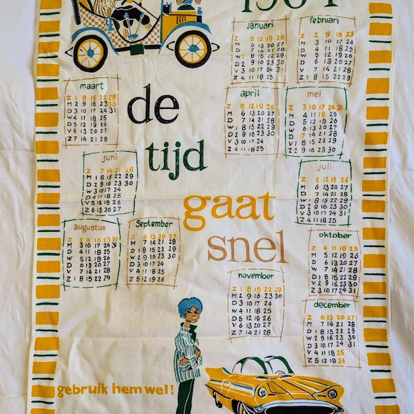 Vintage Dutch 1964 Cloth Wall Calendar "Time Flies" 18 in wide, 29 in long