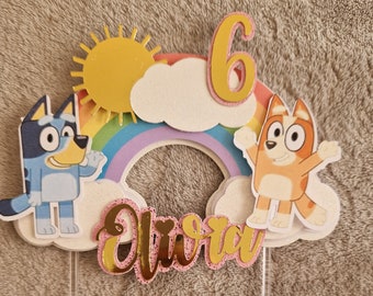 Bluey rainbow cake topper personalised with name and age
