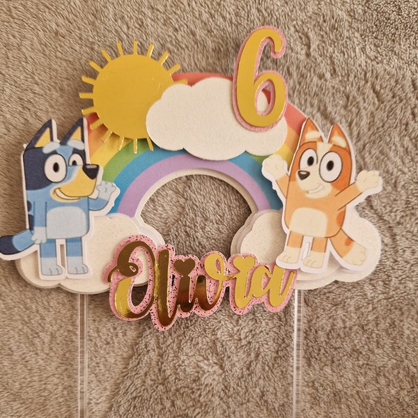 Bluey rainbow cake topper personalised with name and age