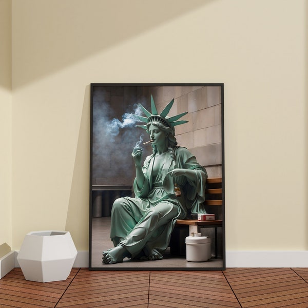 Statue de la liberté en train de fumer / Décoration de salle de bain amusante / Cadeau pour la fête des Mères / Statue de la liberté / Impression sur toile pour décoration d'intérieur