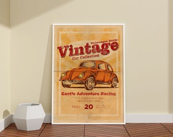 Volkswagen Beetle Vintage Poster / Retro Car Canvas or Poster / Vintage Poster / Car Lovers Gift / Classic Car Print / Home Decor / PO545