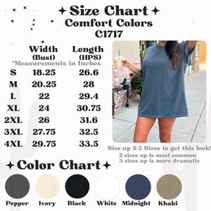 May include: A Comfort Colors C1717 size chart featuring a table with width and length measurements in inches for sizes S to 4XL. The chart includes a color palette with labels for Pepper, Ivory, Black, White, Midnight, and Khaki, alongside a photo of a blue t-shirt.