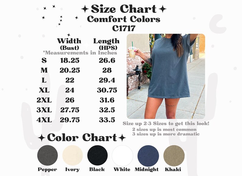 May include: A Comfort Colors C1717 size chart featuring a table with width and length measurements in inches for sizes S to 4XL. The chart includes a color palette with labels for Pepper, Ivory, Black, White, Midnight, and Khaki, alongside a photo of a blue t-shirt.