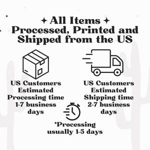 May include: A black and white graphic featuring the text All Items Processed, Printed and Shipped from the US, with icons of a cardboard box, a delivery truck, and a stopwatch. Additional text includes US Customers Estimated Processing time 1-7 business days, US Customers Estimated Shipping time 2-7 business days, and *Processing usually 1-5 days.