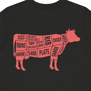 May include: Black t-shirt featuring a red diagram of a cow with labeled cuts of meat. The diagram includes labels such as "Rib," "Chuck," and "Shank." The shirt is a crew neck style.