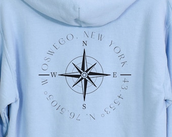 Comfy Hooded Sweatshirt - Nautical Compass & Coordinates Oswego, NY - Lake Ontario, Boating, Sailing, Yacht Club Pullover Hoodie