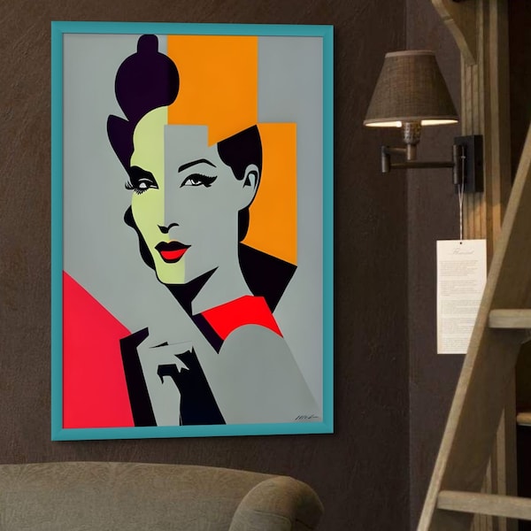 Kubistisches Pop-Art-Poster 'Rote Frau', Modernes Wandbild, Surreales Frauenporträt in Rot und Grau - Kunstdruck von den MCYC ArtRebels