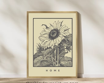 Vintage Sunflower Art Print | Botanical Printable Art | Antique Sunflower Drawing Poster | Farmhouse Wall Art | Summer Wall Art | New Home
