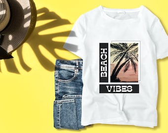 Camiseta con vibraciones de playa tropical: camiseta de palmeras de verano para hombres y mujeres, camiseta relajada con puesta de sol retro, regalo de verano perfecto