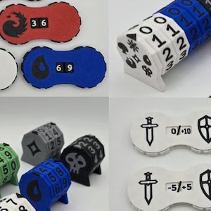 May include: Gaming accessories including dice and counters are shown. The dice are cylindrical with numbers and symbols. Counters are various shapes and colours, with numbers and symbols. Colours include black, green, red, blue, white, and grey.