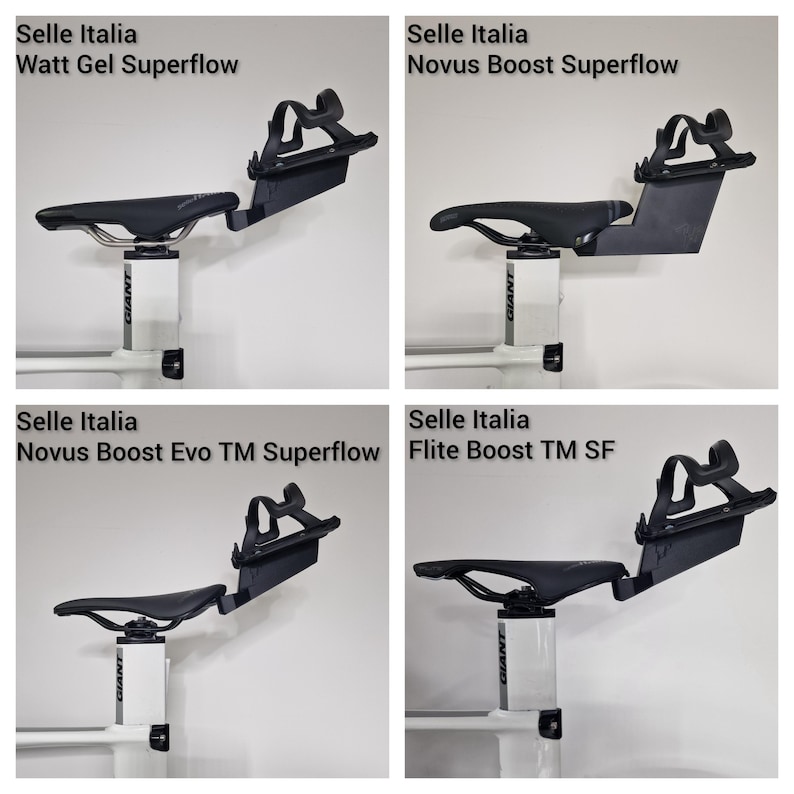 May include: Four black bicycle saddles mounted on white seat posts, each featuring a rear bottle cage attachment. The models include Selle Italia Watt Gel Superflow, Novus Boost Superflow, Novus Boost Evo TM Superflow, and Flite Boost TM SF.