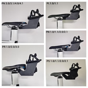 May include: A collection of black bicycle saddles mounted on white seat posts, each featuring a grey rear-mounted bottle cage system. The image displays five distinct configurations labeled PN 3.0/3.1/4.0/4.1, PL 1.0/1.1, PN 1.0/1.1/2.0/2.1, PR 1.0/2.0/3.0, and PS 1.0/1.1/2.0/2.1.