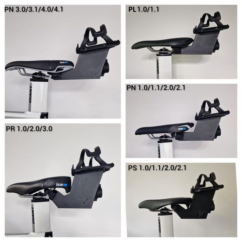 May include: A collection of black bicycle saddles mounted on white seat posts, each featuring a grey rear-mounted bottle cage system. The image displays five distinct configurations labeled PN 3.0/3.1/4.0/4.1, PL 1.0/1.1, PN 1.0/1.1/2.0/2.1, PR 1.0/2.0/3.0, and PS 1.0/1.1/2.0/2.1.