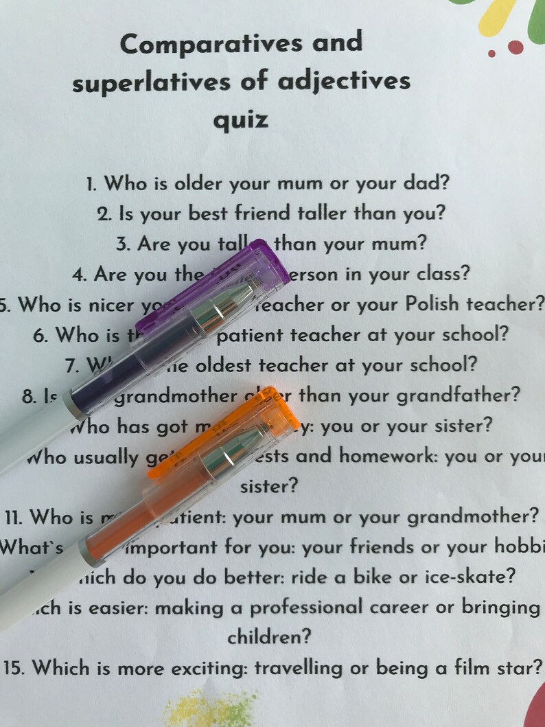 Comparatives and Superlatives of Adjectives - a Quiz. ESL. Learning ...