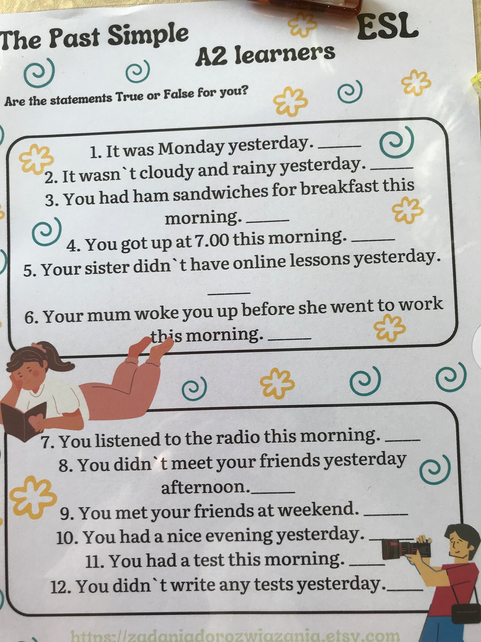 Past Simple: Your Day Yesterday -true/false Exercise ESL - A2 Level - Etsy