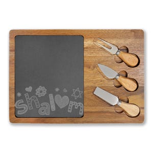 Shalom engraved slate charcuterie board | acacia wood cheese board set