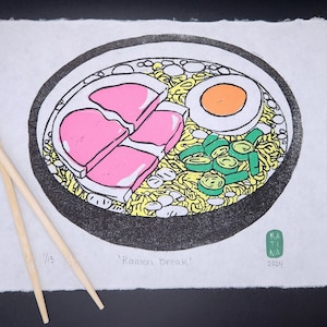 Ramen Break original linocut print - Handmade multicolor art print on white mulberry paper - 8.5x11&quot;
