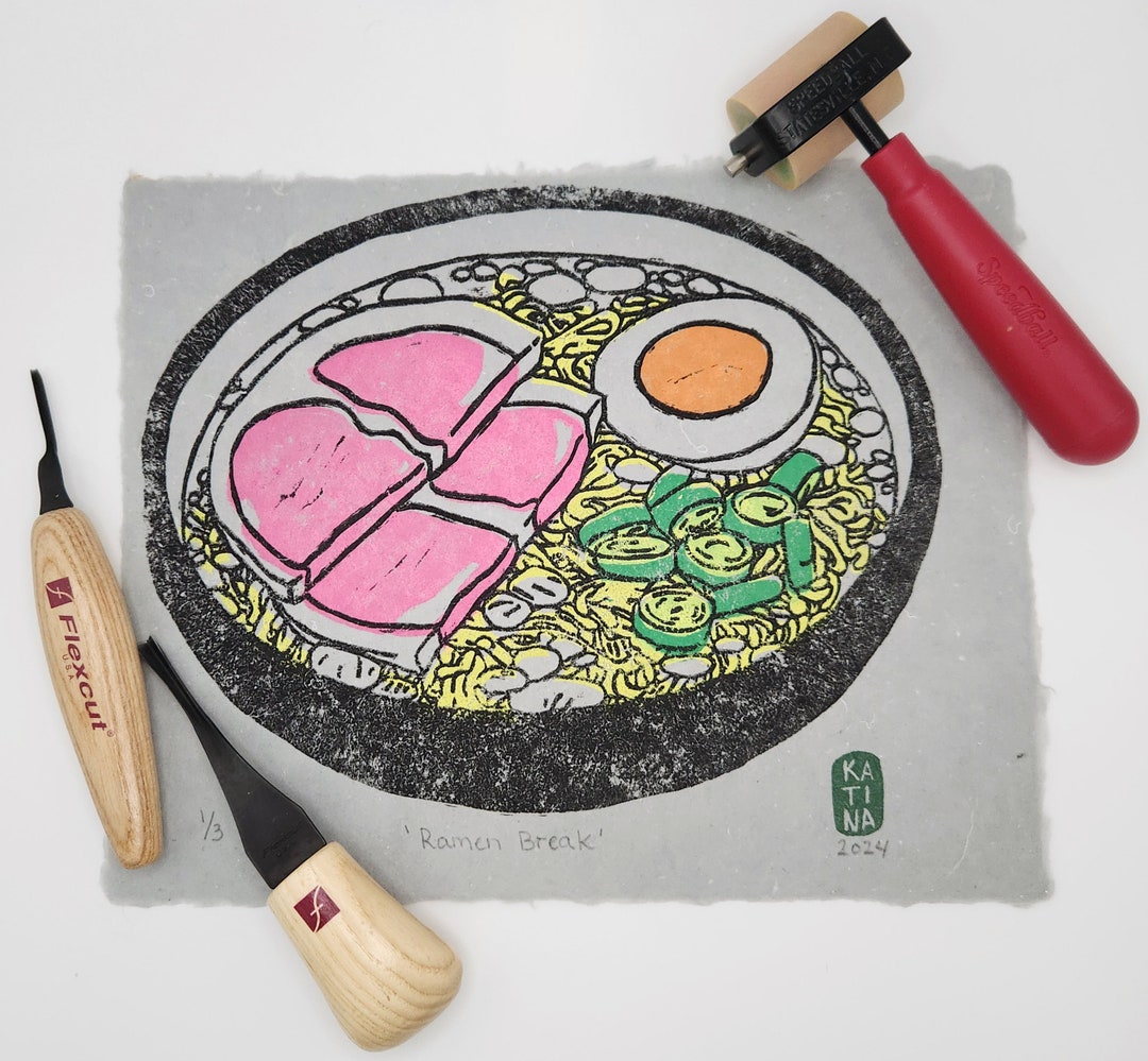 Spring Break Linocut Ramen Break Original Linocut Print - Handmade Multicolor Art Print on ...