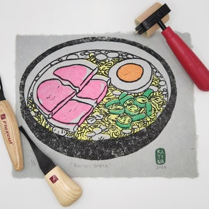Ramen Break original linocut print - Handmade multicolor art print on handmade paper - 8x10&quot; - Graphite color