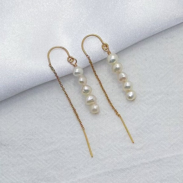 Minimalist Pearl Threader Earrings, 14K Gold Filled Freshwater Pearl Earrings, U-Shaped Drop Earrings, Dainty Cable Chain Ear Threader