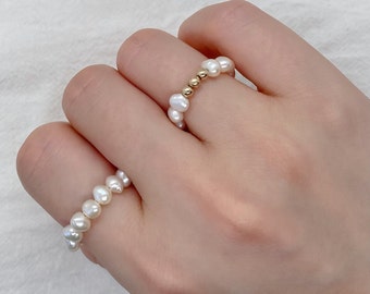 Natural Baroque Pearl Ring, 14K Gold Filled Freshwater Pearl Ring, Tiny Pearl Beaded Ring, Handcrafted Pearl Jewelry, Bridesmaid Gift