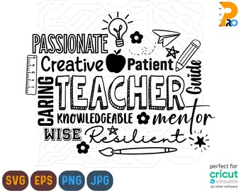 Professeur Word Art Svg, Eps Png, fichier de coupe Cricut, professeur chemise Svg, Silhouette, sublimation, professeur ambiance Svg, école Png, professeur Png