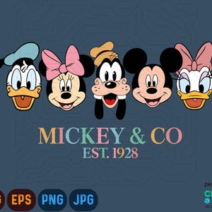 K&ouml;nnte beinhalten: Grafik mit den Gesichtern von Donald Duck, Minnie Maus, Goofy, Mickey Maus und Daisy Duck. Der Text "MICKEY & CO EST. 1928" befindet sich darunter. Das Bild enth&auml;lt SVG-, EPS-, PNG- und JPG-Dateityp-Symbole.