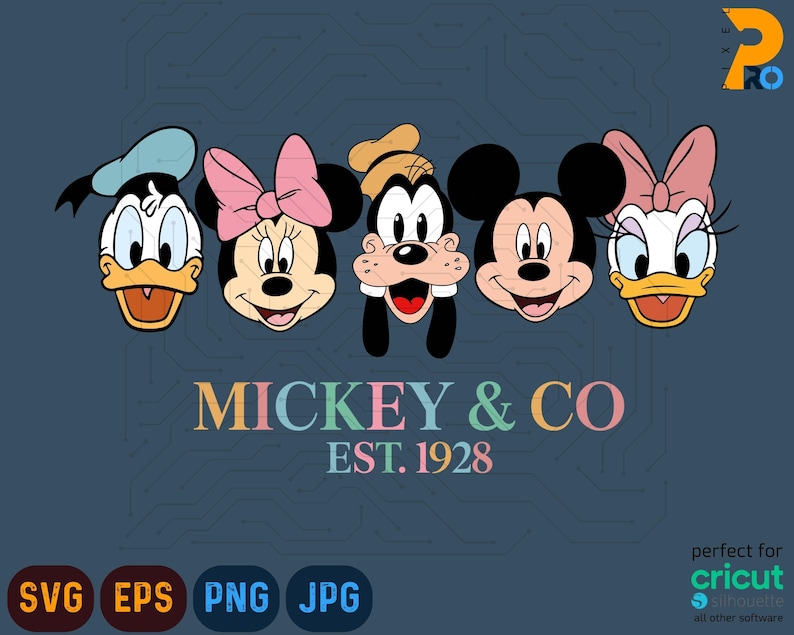 K&ouml;nnte beinhalten: Grafik mit den Gesichtern von Donald Duck, Minnie Maus, Goofy, Mickey Maus und Daisy Duck. Der Text "MICKEY & CO EST. 1928" befindet sich darunter. Das Bild enth&auml;lt SVG-, EPS-, PNG- und JPG-Dateityp-Symbole.