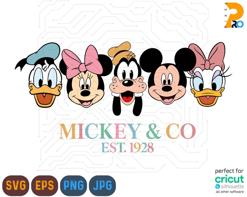 K&ouml;nnte beinhalten: Grafik mit den Gesichtern von Donald Duck, Minnie Mouse, Goofy, Mickey Mouse und Daisy Duck. Der Text "MICKEY & CO EST. 1928" befindet sich unter den Figuren. Das Bild ist f&uuml;r Cricut und andere Software konzipiert.
