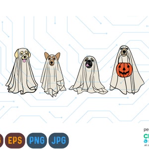 May include: Four dogs dressed as ghosts for Halloween. Each dog is wearing a white sheet with a face peeking out. One dog is holding a jack-o-lantern.