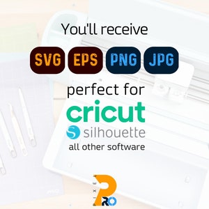 K&ouml;nnte beinhalten: Bild mit Symbolen f&uuml;r die Dateiformate SVG, EPS, PNG und JPG. Der Text lautet "Sie erhalten" und "perfekt f&uuml;r Cricut, Silhouette, alle andere Software". Im Hintergrund sind eine wei&szlig;e Schneidemaschine und Bastelwerkzeuge zu sehen.