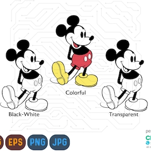 May include: Three variations of a Mickey Mouse cartoon character. The first image is black and white, the second is in color with red shorts, and the third is transparent with a white outline.
