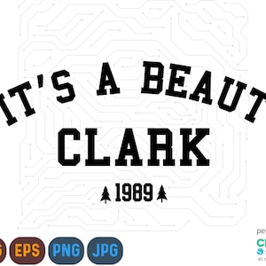 Pode incluir: Design gráfico de texto preto e branco com o texto "IT'S A BEAUT CLARK" e "▲1989▲" em um fundo branco com um padrão de placa de circuito.