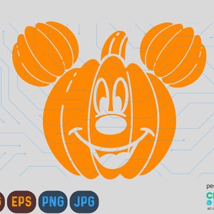 Puede incluir: Calabaza naranja con una cara de Mickey Mouse tallada en ella. La calabaza tiene dos orejas en la parte superior, que se asemejan a las orejas de Mickey Mouse.