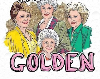 Peut inclure: Quatre femmes aux cheveux blancs et au visage souriant sont représentées dans un style cartoon. Les femmes portent des vestes colorées et se tiennent devant un fond de paillettes dorées. Le texte "stay golden" est écrit en lettres roses en haut de l'image.