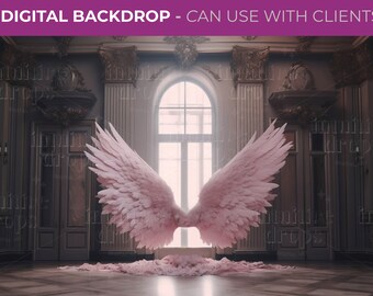 Digital Backdrop / Whimsical Pink Wings in a Castle, Photoshop Background Overlay, Maternity Photography