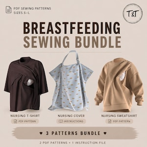 Puede incluir: Imagen de un conjunto de costura para lactancia, que incluye patrones para una camiseta de lactancia, una cubierta y una sudadera. El texto dice "Conjunto de costura para lactancia" y "Paquete de 3 patrones". Fondo beige claro.
