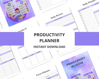 May include: A selection of productivity planners in purple and white. The text "PRODUCTIVITY PLANNER INSTANT DOWNLOAD" is visible. The image includes daily, yearly, and focus planner pages for organisation.