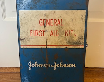Vintage Johnson & Johnson First Aid Kit – Complete Metal Wall Case w/ Contents – Mid Century Medical Cabinet – Red Cross Bandages