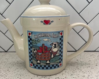 Vintage Country Teapot, Cow & Strawberry Farm Teapot, Cottage Kitchen Decor, Checkerboard Farms
