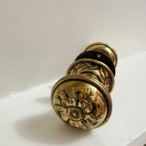 May include: A round brass door knob featuring an intricate embossed floral pattern on its face. The hardware includes a circular backplate with a dark patina and a smooth, polished brass finish on the primary knob surface and the connecting stem.